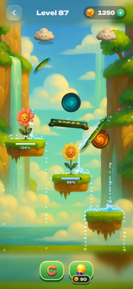 Cloud Garden: a later level with portals, a conveyor and two flowers