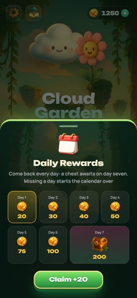 Cloud Garden: daily rewards and the chest on day seven
