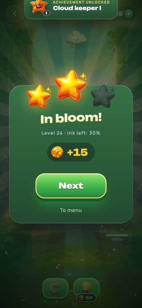 Cloud Garden: the victory screen with stars